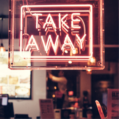 A neon sign that says take away.